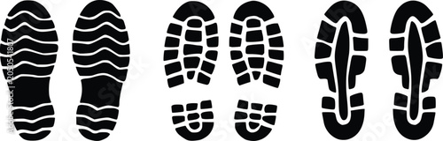 Shoe sole print icon set vector illustration. Boot footprint silhouettes, sneaker tracks, and tread marks isolated on white background