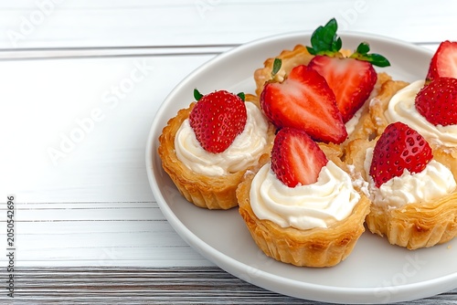 Assorted fruit tartlets with strawberries and cream on a white plate, fresh pastry desserts for celebration or snack
