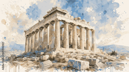 Fotografie Ancient Spirit Golden Parthenon isolated watercolor vector illustration svg