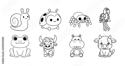 Photography Line art illustrations of adorable animals: a snail, ladybug, spider, parrot, frog, yak, hippo, and cow