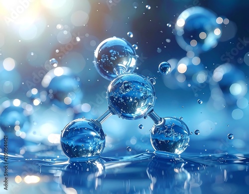A close-up of a translucent molecular structure with reflective spheres and connecting rods, surrounded by floating orbs of varying sizes on a blue-tinted watery surface with sunlight effects