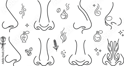Foto Human nose smelling sense vector icon set with perfume bottle aroma smoke flower