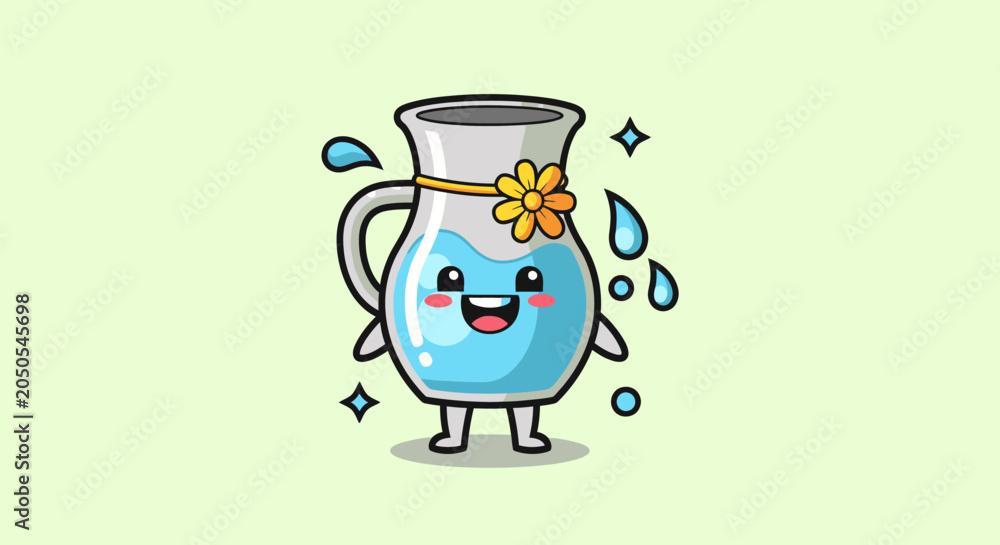 Fototapeta premium Cheerful Cartoon Water Jug Character With Flower.