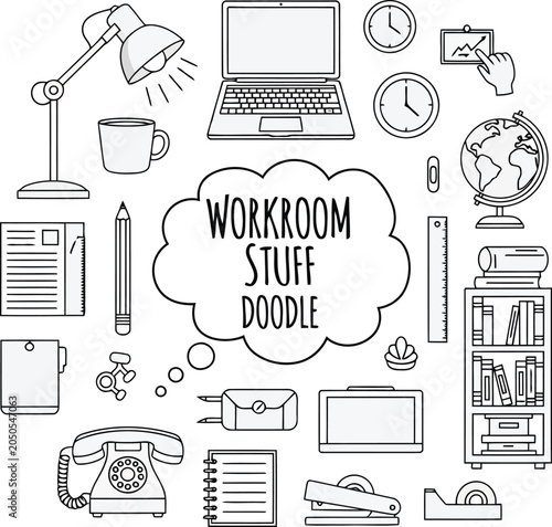 Canvas-taulu Workroom Stuff Doodle Illustration with Office Supplies, Laptop, Desk Lamp and C