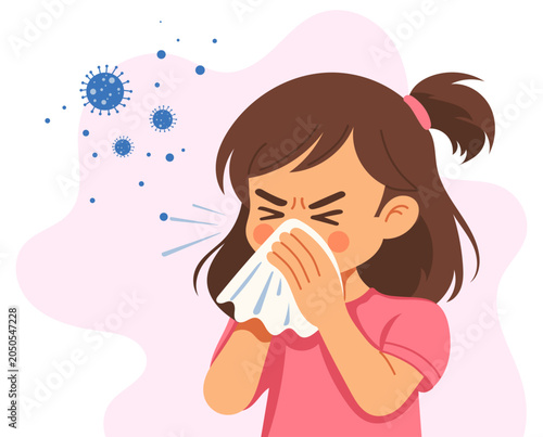 Sick Girl Sneezing with Tissue, Cold and Flu Symptoms Illustration, Cute Kid with Virus, Health Care Concept, Hand Drawn Vector Illustrations