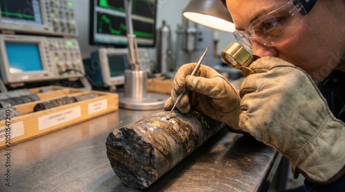 Deep earth resource exploration using core samples, geologist inspecting mineral veins in a laboratory, professional tech style