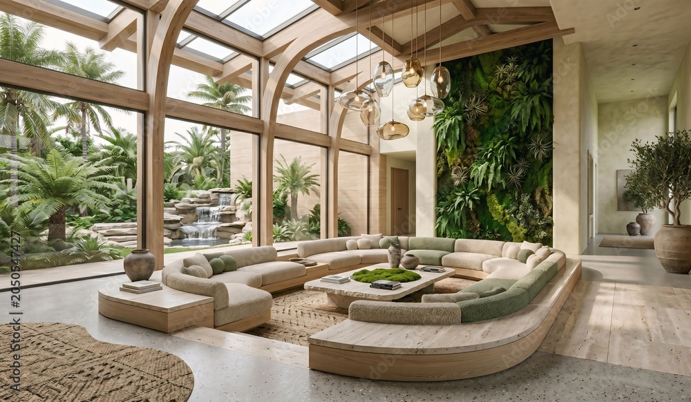 Fototapeta premium Expansive Sun-Drenched Biophilic Living Atrium with Monumental Travertine and Bouclé Seating and Waterfall Wall, Unoccupied