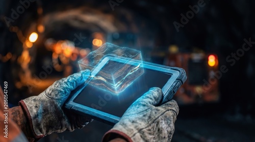 Deep earth resource exploration using holographic 3D geological data on a tablet in a mine, futuristic industrial style