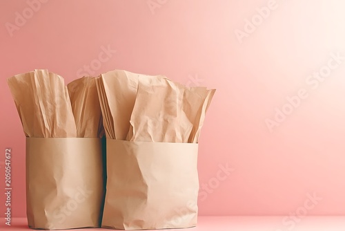 Two paper bags filled with crumpled brown paper against a soft pink background, minimalistic and stylish display