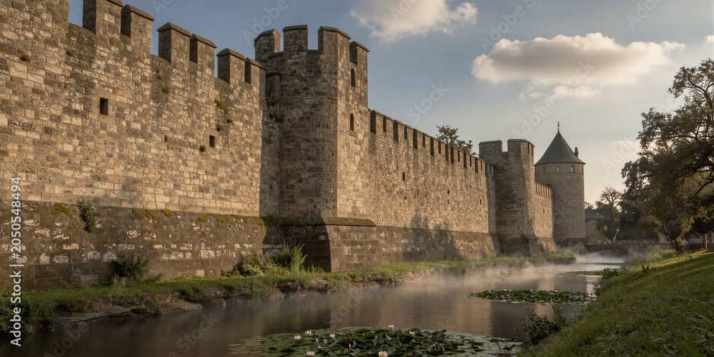 Obraz premium A medieval stone fortress wall with crenellated towers and a round tower features a conical roof, situated along a moat in Ukraine's Khotyn Fortress.