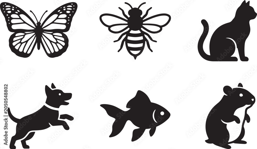 Obraz premium Collection of black animal silhouette icons featuring domestic pets and insects for creative projects