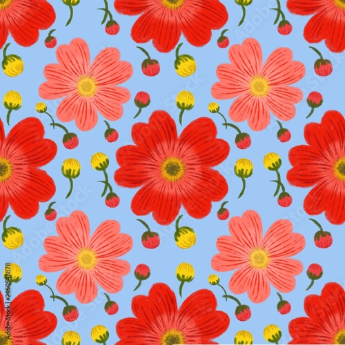 Obraz na płótnie Beautiful seamless floral pattern featuring blooming red and pink flowers surrou