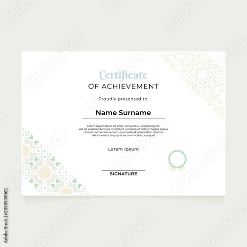 Islamic geometric certificate of achievement template design with diagonal ornament on the corner