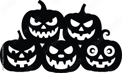 Stacked Jack-o'-Lantern Group Silhouette: Five Carved Halloween Pumpkins, Monochrome Holiday Graphic Representing Spooky Expressions and Autumn Folklore, vector, illustration, silhouette.