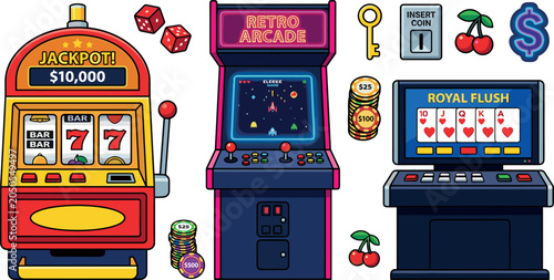 Konstfotografi Retro Arcade and Casino Machine Vector Set with Jackpot Slot Machine Space Shoot