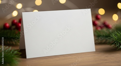 Blank Christmas card mockup with festive decorations and bokeh lights.