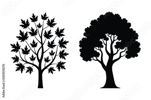 Schilderij op canvas Maple and broadleaf tree silhouette vector set with silhouette woodland botanica