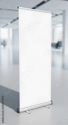 Blank Roll-Up Banner Stand Mockup in Modern Office Space.