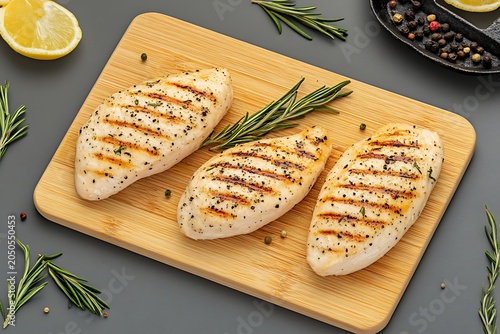 Fresh Grilled Chicken Breasts with Herbs and Lemon on Wooden Cutting Board for Healthy Meal Preparation