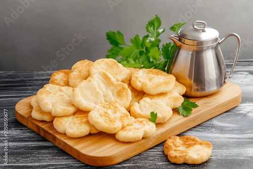 Crispy and golden fried chicken nuggets served on a wooden cutting board with fresh herbs and sauce pot for dipping