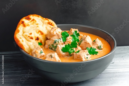 Flavorful chicken curry with creamy sauce garnished with fresh herbs and served with crispy flatbread in a black bowl