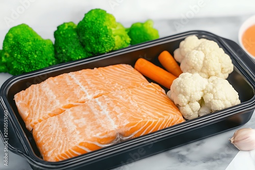 Fresh Raw Salmon Fillets with Steamed Broccoli Cauliflower and Carrots in Black Meal Prep Container
