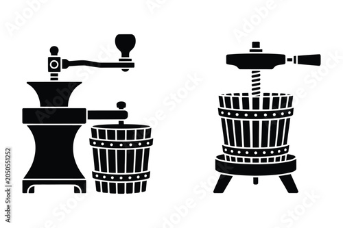 Konstfotografi Vintage manual grape press and fruit crusher machinery icons with machinery