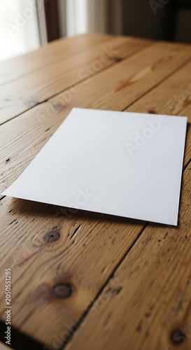 Blank white paper on rustic wooden table surface.