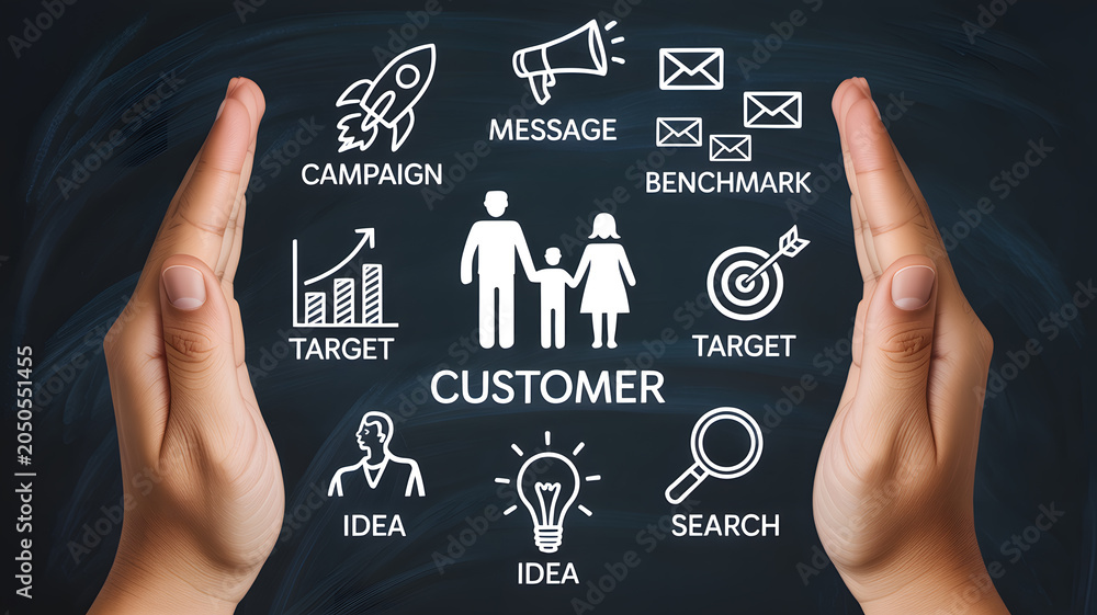 Obraz premium A person presenting a marketing strategy with icons on a blackboard