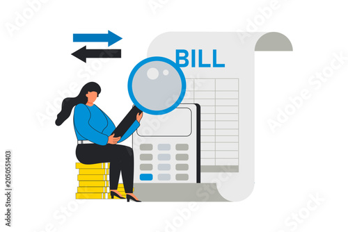 Financial Scrutiny. A woman meticulously examines a bill with a magnifying glass, seated on a stack of coins next to a calculator, symbolizing careful financial management and analysis.