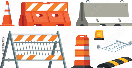 Bild auf Leinwand Road Construction Barrier Vector Set with Traffic Cones Concrete Jersey Barriers