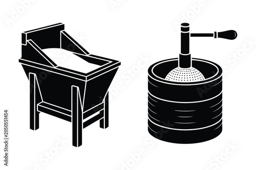 Photos Vintage farm equipment icons featuring a grain sifter and a manual butter churn