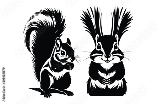 Schilderij op canvas Pair of black and white squirrel illustrations showing different poses with squi