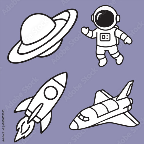 Cute space icon set featuring astronaut, ringed planet, rocket, and space shuttle in simple black outline style. Isolated vector elements for education, science, and kids themes