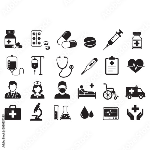 Medical and healthcare icon collection with doctor, nurse, syringe, medicine, stethoscope, ambulance, hospital equipment, and laboratory symbols isolated on white background