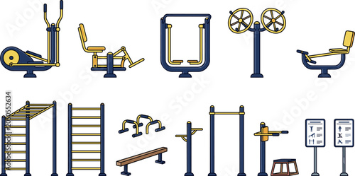 Foto Outdoor Gym Workout Equipment Vector Set with Calisthenics Monkey Bars Elliptica