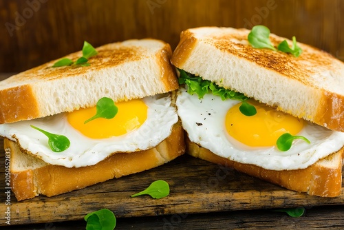 Freshly baked toasted bread with sunny side up eggs and green herbs served on rustic wooden surface