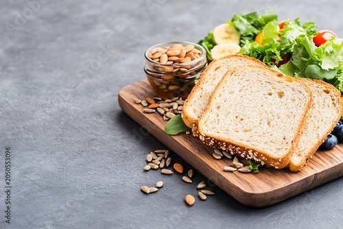 Freshly Baked Toast with Green Salad and Nuts on Wooden Board for Healthy Breakfast or Snack
