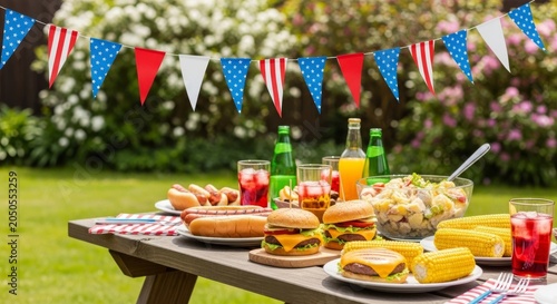 Vibrant red, white, and blue streamers flutter above a rustic wooden table filled with grilled food and drinks in a sunny backyard setting, picnic, wooden, grass
