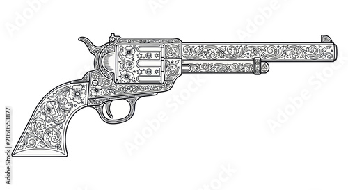 Bild auf Leinwand Antique Engraved Revolver, Western Style Pistol, Vintage Firearm Illustration