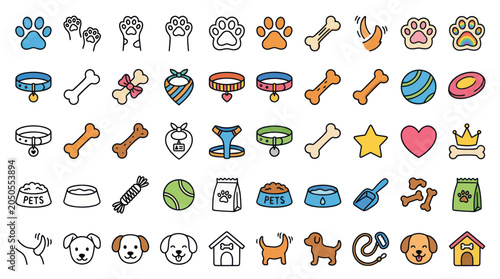 Принти на полотні Cute Dog and Cat Icons: Paws, Bones, Collars, Toys, and Food Bowls