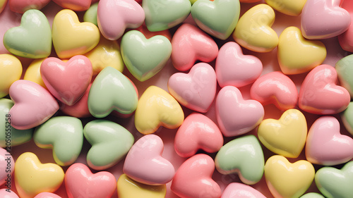 A colorful assortment of heart-shaped candies in pastel shades of pink, yellow, and green.