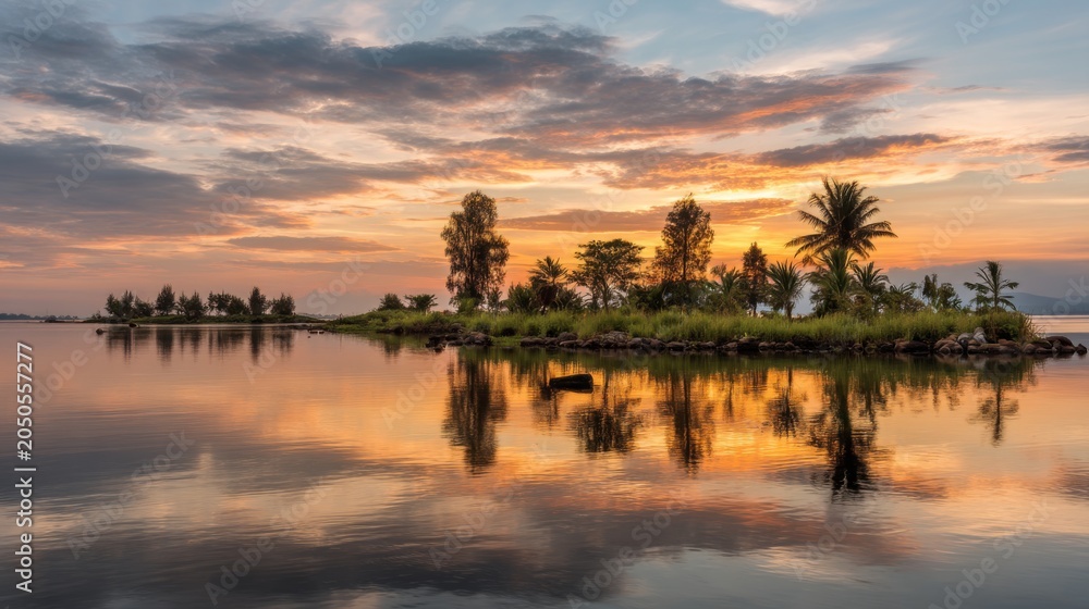 Obraz premium Serene Sunset Over Calm Water with Trees and Tropical Landscape, Vibrant Colors Reflected in Tranquil Lake, Peaceful Nature Scene