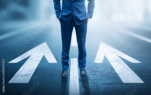 Businessman Standing at Crossroads with Direction Arrows on Road