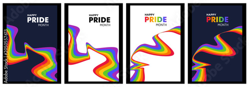 PRIDE month banner parades text isolated poster set, Rainbow or Pride Flag. Pride Rainbow Flag Wave Design Element, Celebrates pride ribbon roll make inclusive progress pride, Vector illustration