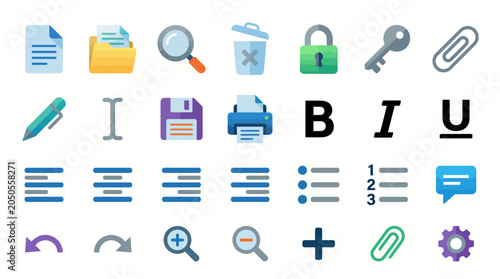 Obraz na plátně Document editing icons display a variety of essential word processing and file management symbols for office software