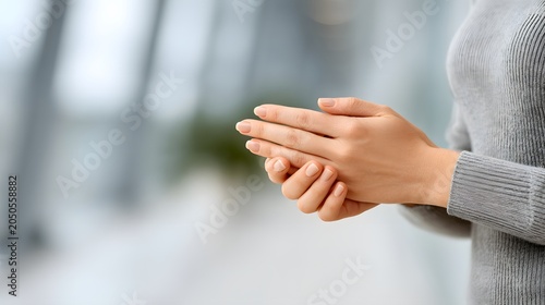 Hand pain relief concept, person massaging sore palm and fingers, soft natural light, healthcare stock photography, realistic skin details