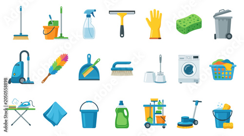 Cleaning supplies including mops, brooms, and detergent bottles are organized in a flat vector grid layout.