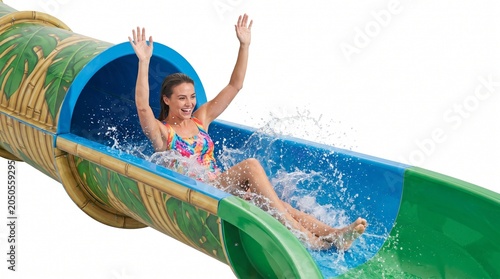 Cheerful Young Woman Having Fun Sliding Down Water Slide at Aquapark Isolated on White Background