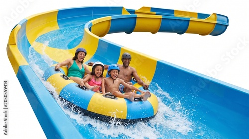 Thrilled family enjoys a refreshing summer adventure, swiftly sliding down a vibrant blue and yellow water park attraction